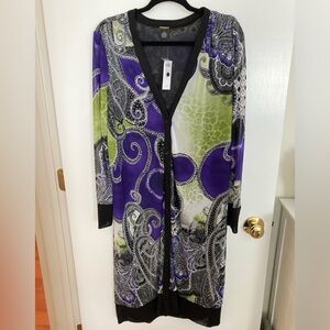 Chico's Black Label, Size 1 , Printed Mesh Cardigan, Woven Top Multi Color